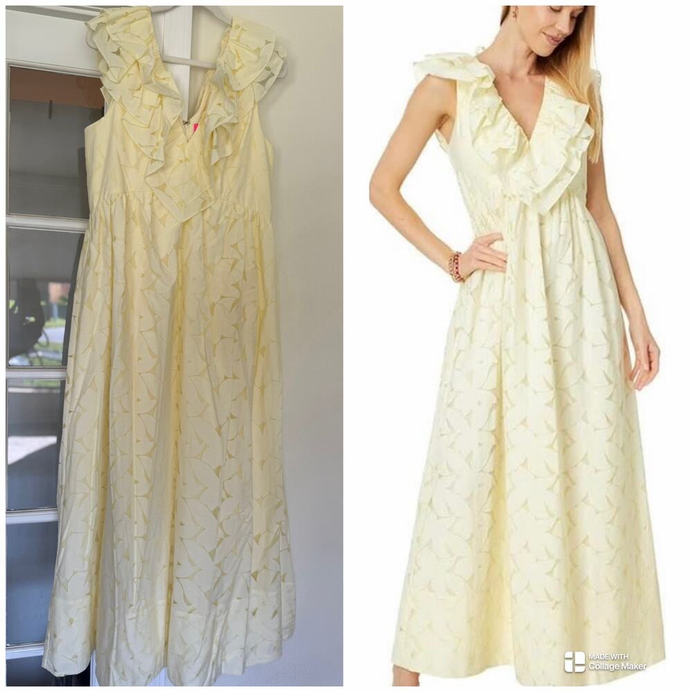 Lilly Pulitzer Ritamarie V-Neck Ruffle Maxi Pastel Finch Yellow Flora Faille/ 12